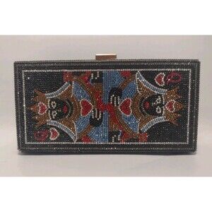 Blinged Out Rhinestone Queen Of Hearts Hard Case Clutch Handbag Black